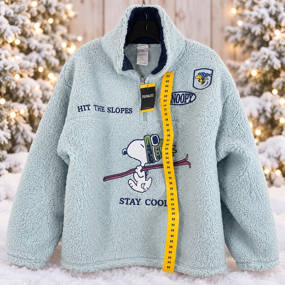 Peanuts Snoopy Sherpa Fleece Pullover Light Blue Skiing Quarter Zip Jacket New